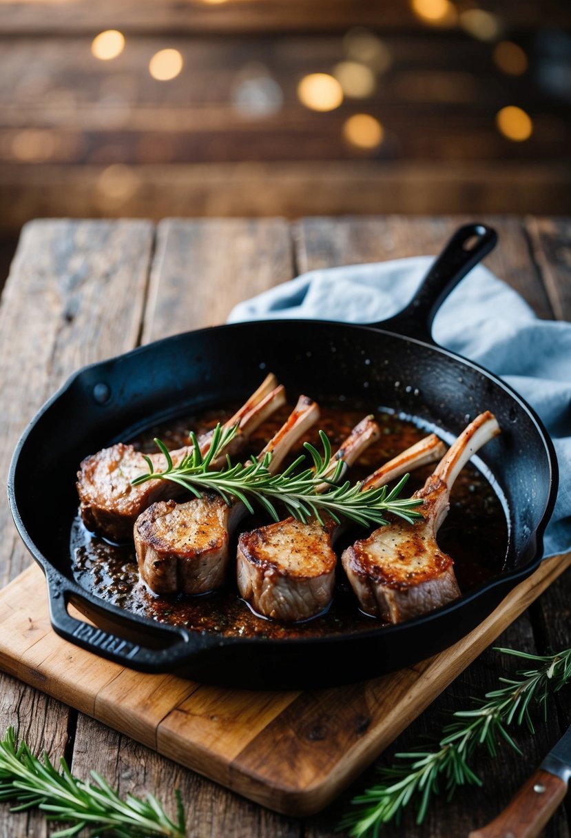 A sizzling skillet of lamb chops garnished with sprigs of fresh rosemary on a rustic wooden table