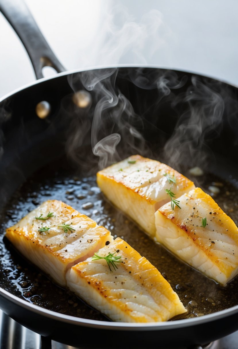 Two cod fillets sizzling in a hot pan, surrounded by steam and a hint of golden browning on the edges