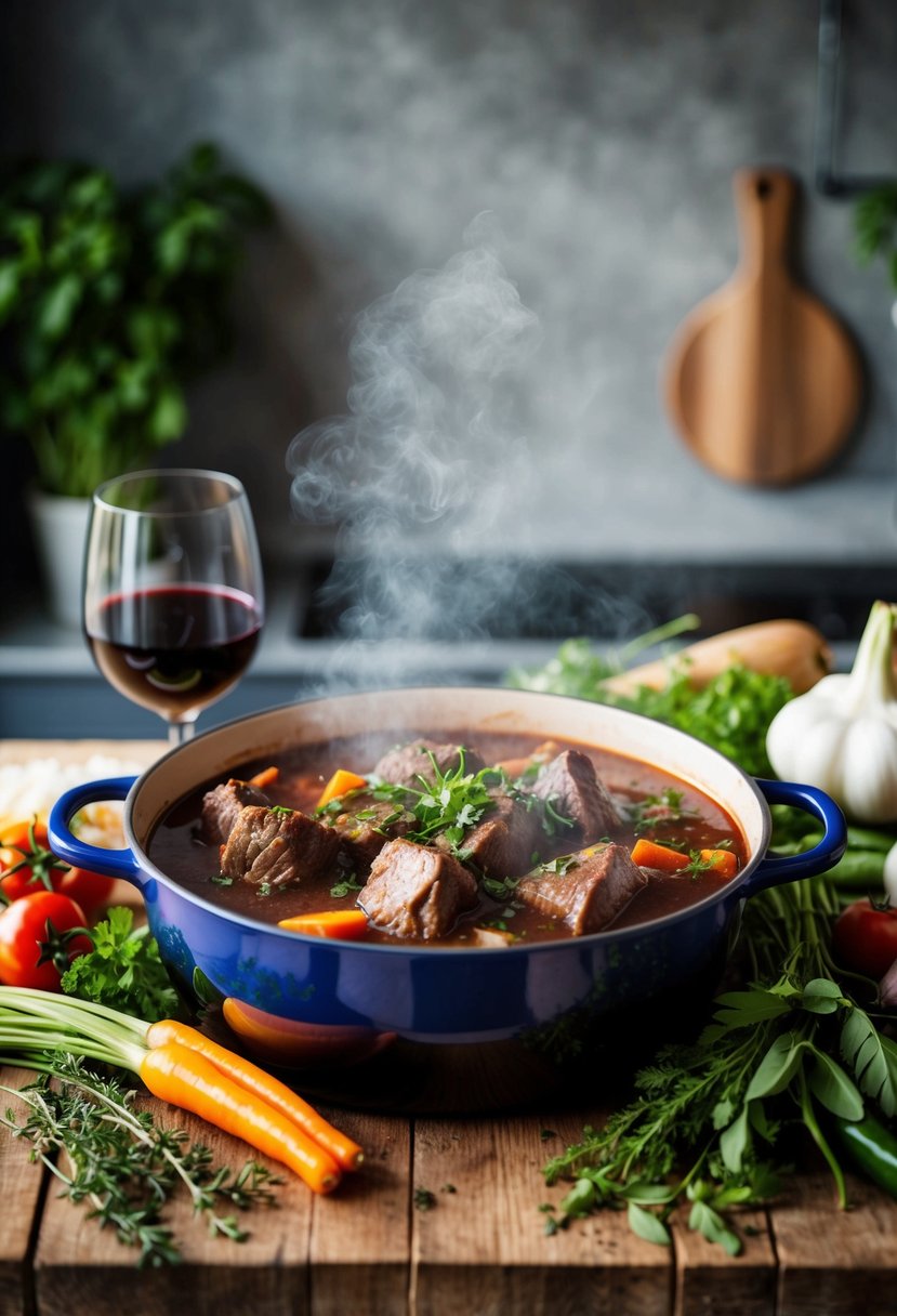 A bubbling pot of beef stew with red wine, surrounded by fresh herbs and vegetables on a rustic kitchen counter