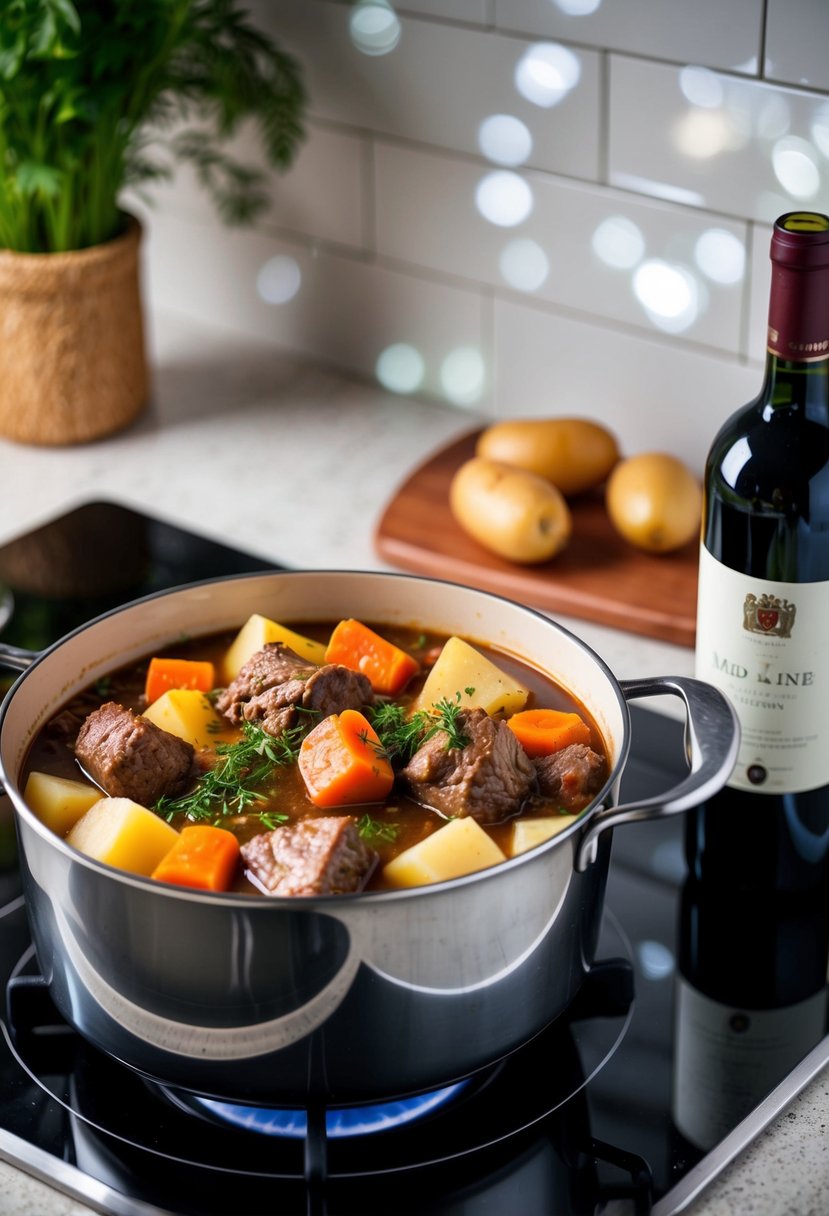 A pot of beef stew simmering on a stovetop, with chunks of meat, carrots, potatoes, and herbs, and a bottle of red wine on the counter