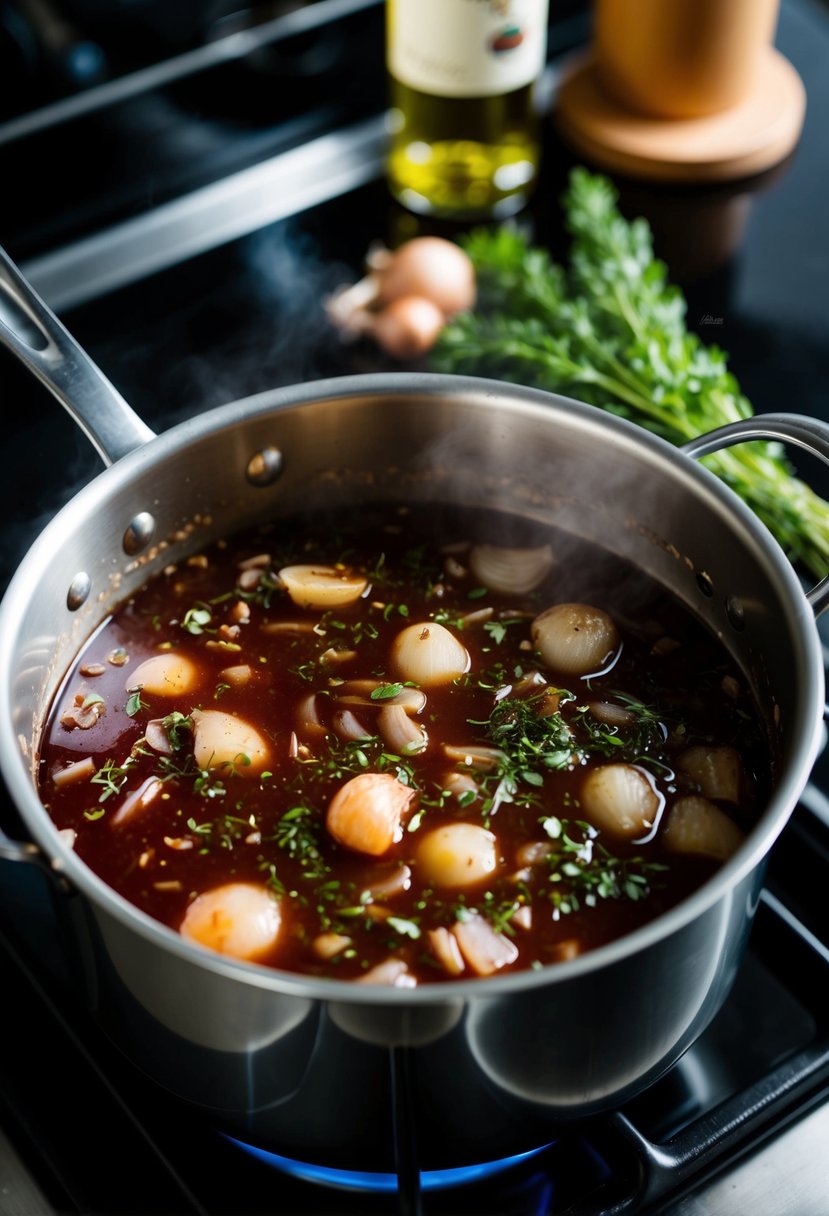 A pot simmering on a stove, filled with red wine, shallots, and herbs, reducing into a thick, glossy sauce