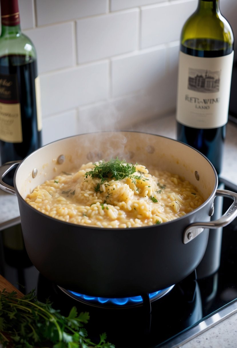 A pot of creamy risotto simmering on a stove, with a bottle of red wine and a handful of fresh herbs on the counter