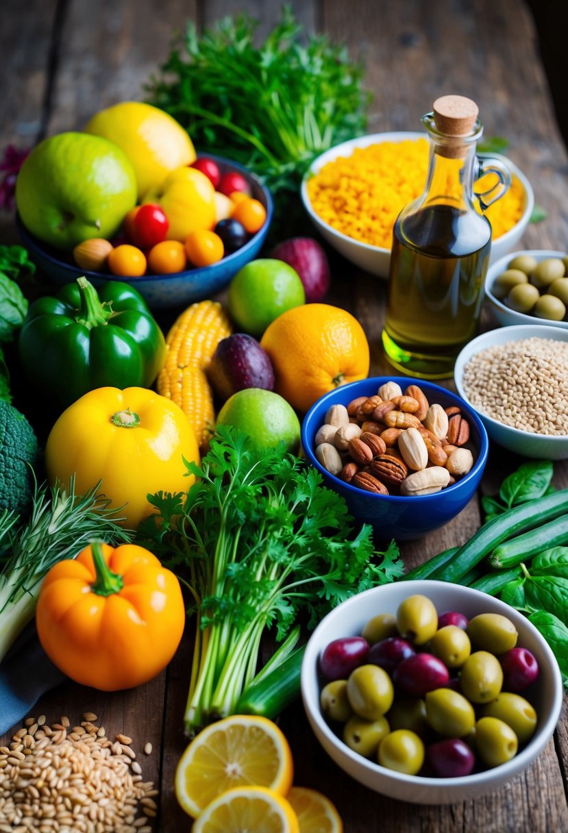 A colorful array of fresh vegetables, fruits, nuts, and grains arranged on a rustic wooden table. A bottle of olive oil and a bowl of olives complete the scene