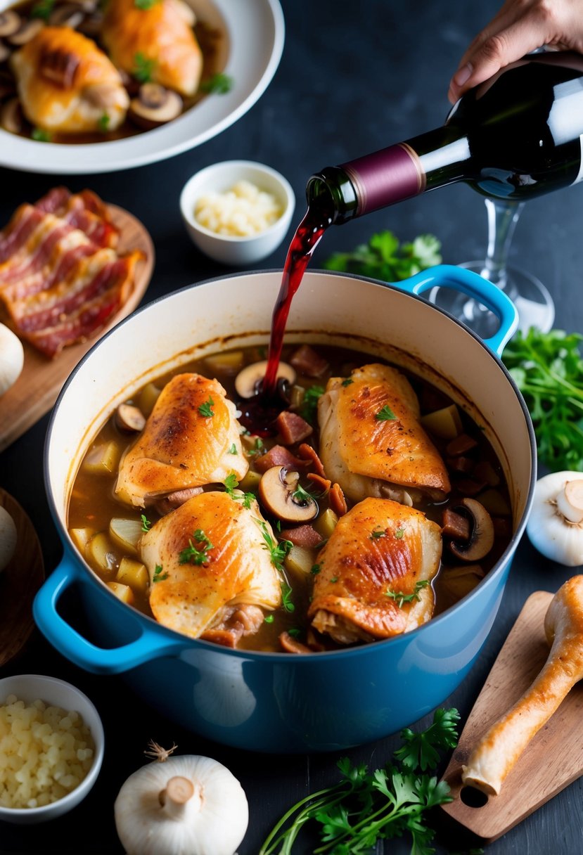 A bubbling pot of Coq au Vin surrounded by ingredients like chicken, bacon, mushrooms, and onions, with a bottle of red wine being poured into the dish