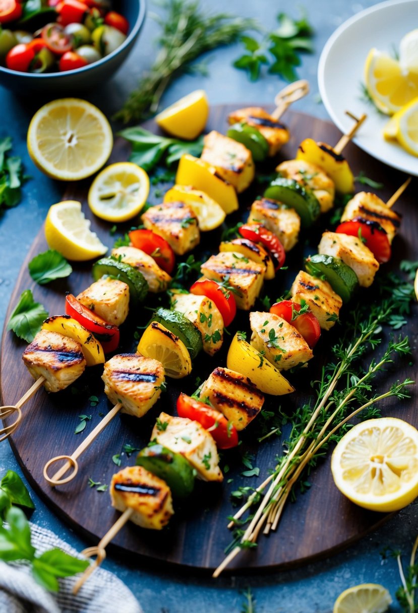 Grilled lemon herb chicken skewers with assorted vegetables on a wooden skewer, surrounded by Mediterranean herbs and gluten-free ingredients