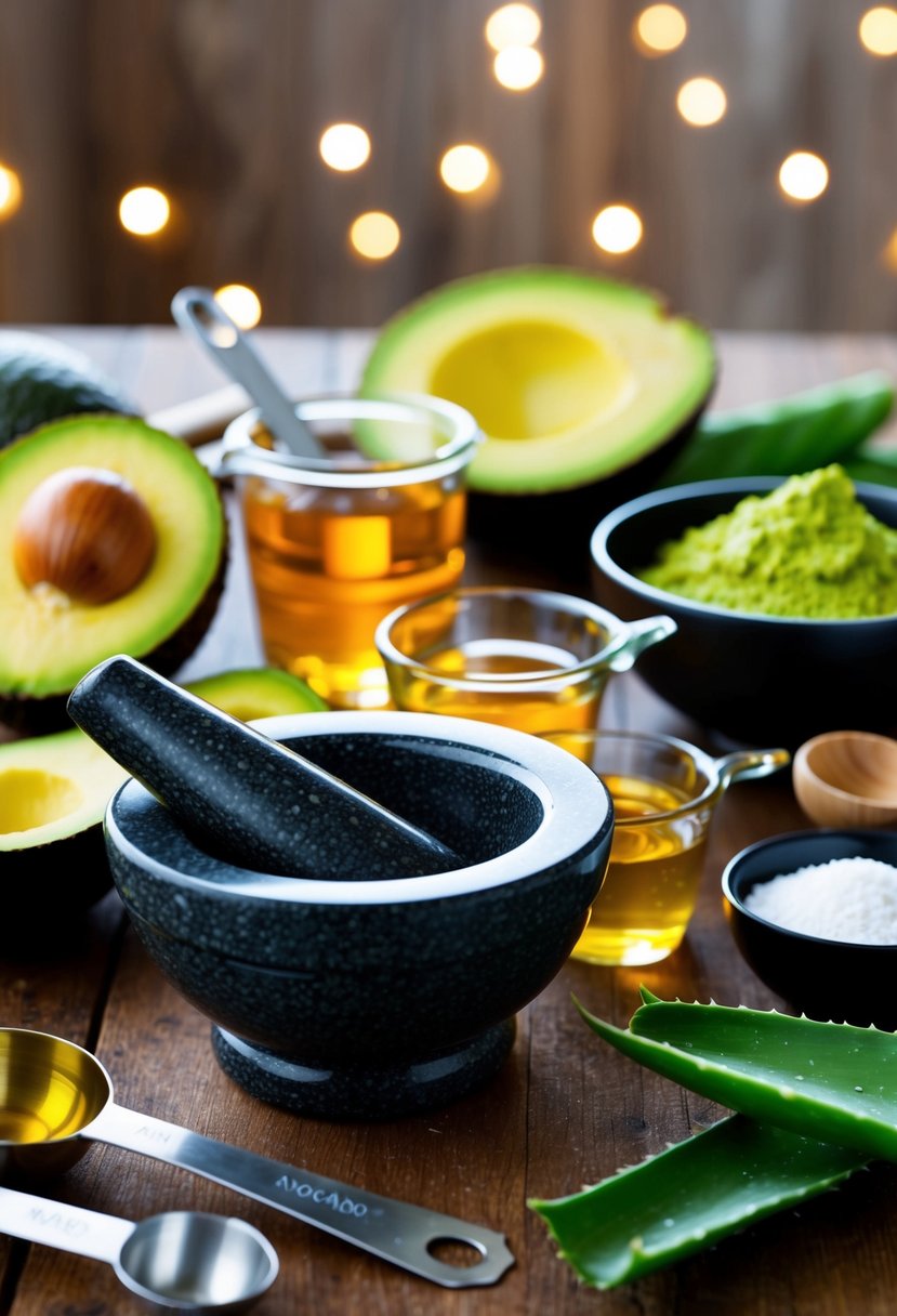 A table filled with natural ingredients like avocado, honey, and aloe vera. A mortar and pestle, mixing bowls, and measuring spoons are scattered around