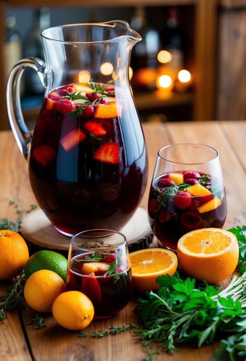 A pitcher of red wine sangria surrounded by fresh fruit and herbs on a wooden table