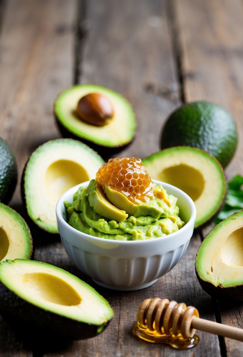 A small bowl with mashed avocado and honey, surrounded by fresh avocado and honeycomb, set on a wooden surface