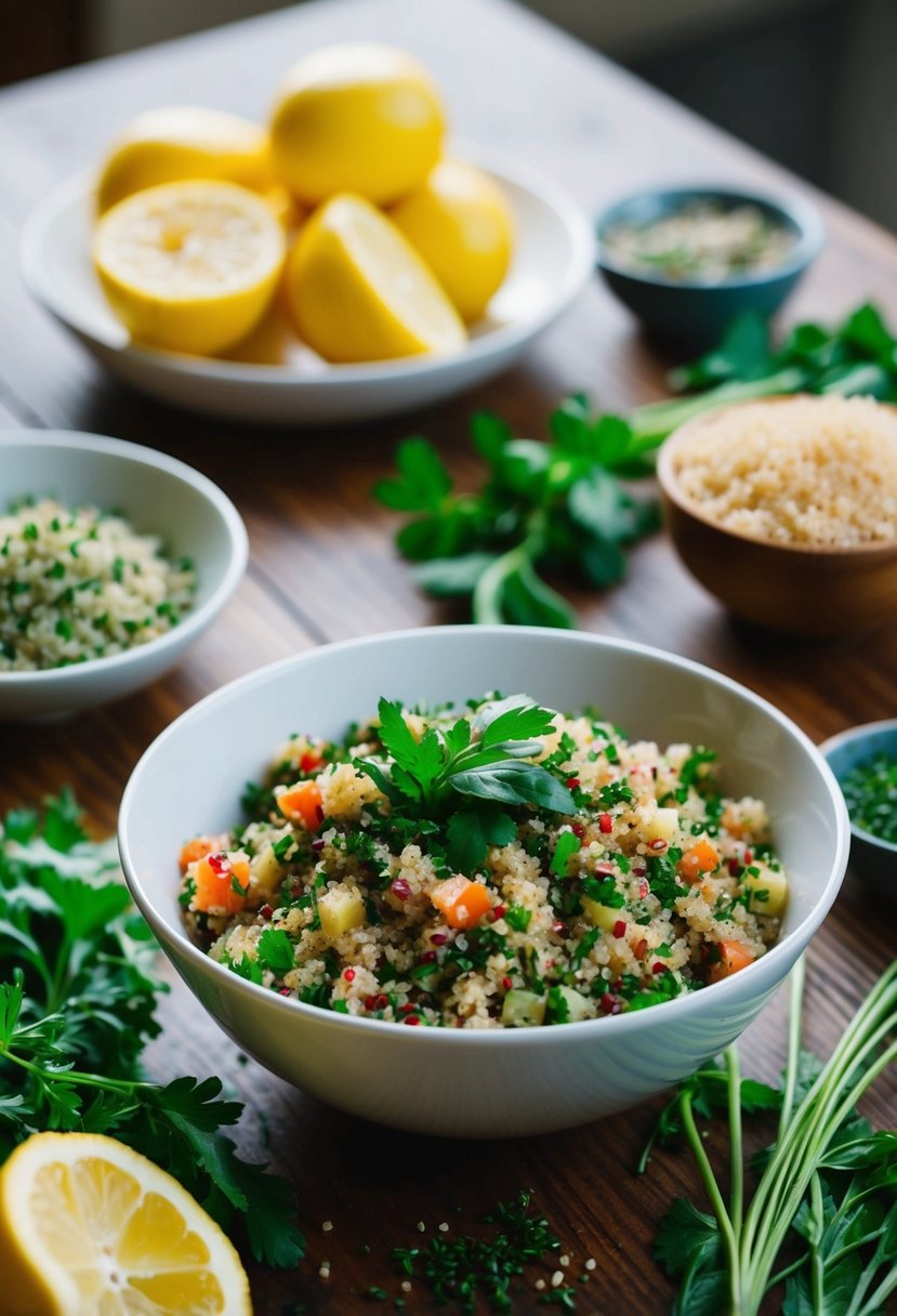 A bowl of quinoa tabbouleh surrounded by fresh herbs and ingredients on a wooden table