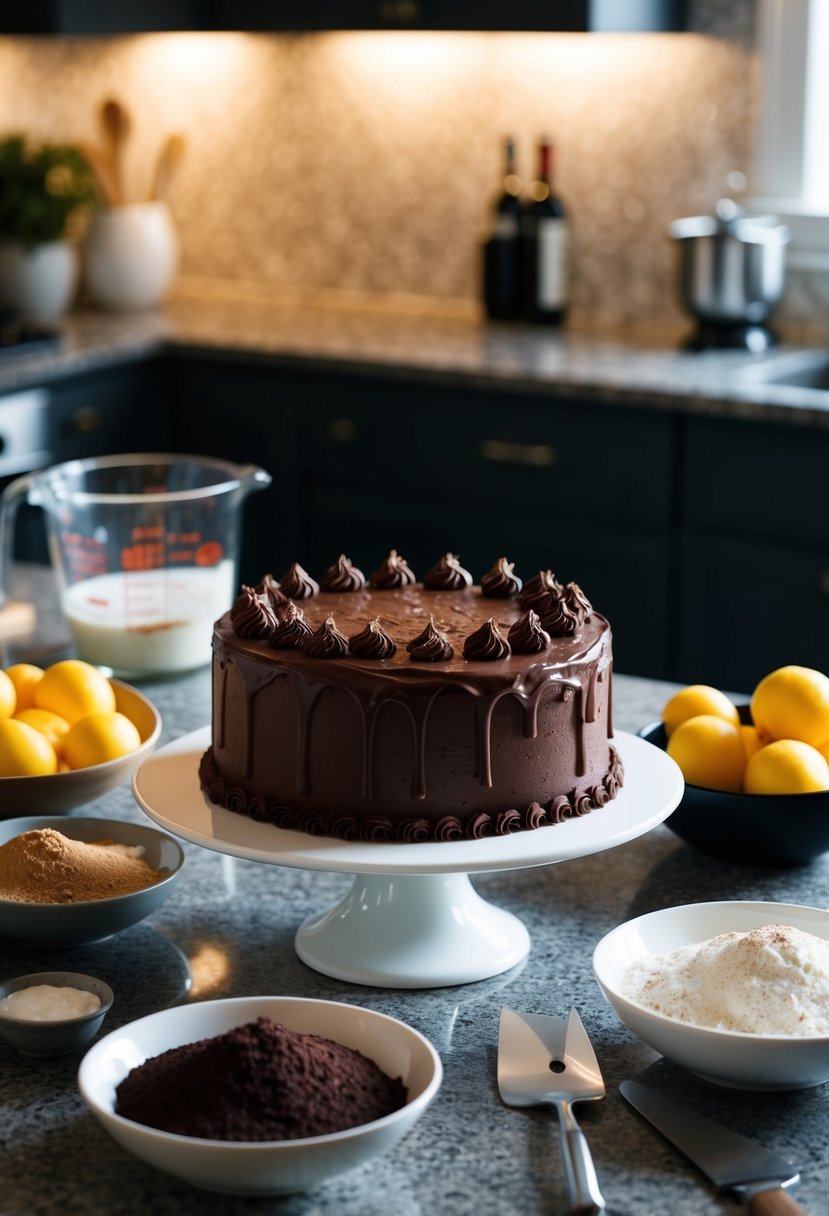 A decadent chocolate red wine cake being prepared with ingredients spread out on a kitchen counter