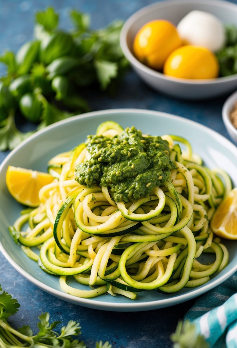 A colorful plate of zucchini noodles topped with vibrant green pesto, surrounded by fresh Mediterranean ingredients