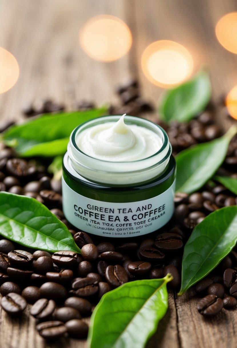 A jar of green tea and coffee eye cream surrounded by fresh tea leaves and coffee beans, with a soft, natural light illuminating the scene