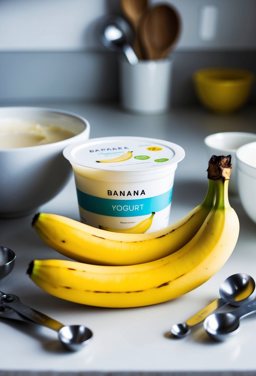 A ripe banana and a container of yogurt sit on a clean kitchen counter, surrounded by measuring spoons and a mixing bowl