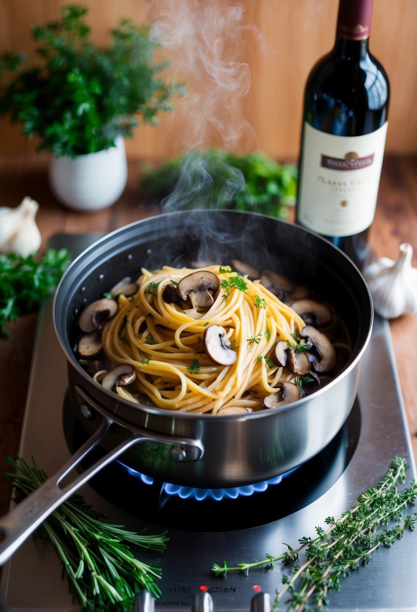 A steaming pot of mushroom red wine pasta simmering on a stovetop, surrounded by fresh herbs, garlic, and a bottle of red wine