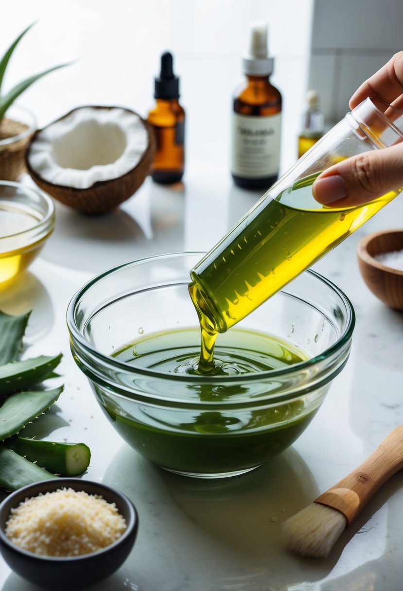 Aloe vera and coconut oil being mixed in a glass bowl, surrounded by various skincare ingredients and tools on a clean, well-lit countertop