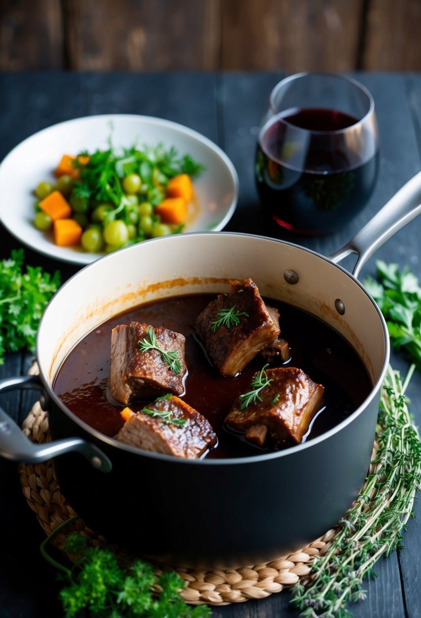 A pot simmering with red wine braised short ribs, surrounded by herbs and vegetables