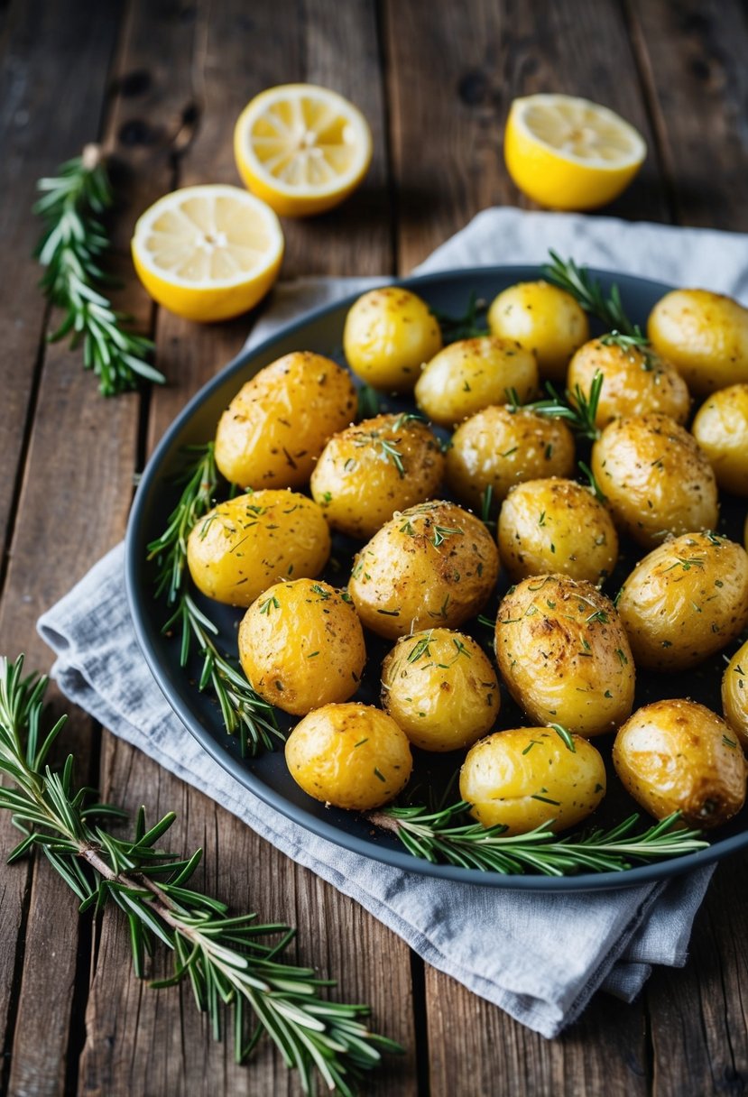 A rustic wooden table with a platter of golden, herb-coated roasted potatoes surrounded by fresh rosemary and halved lemons