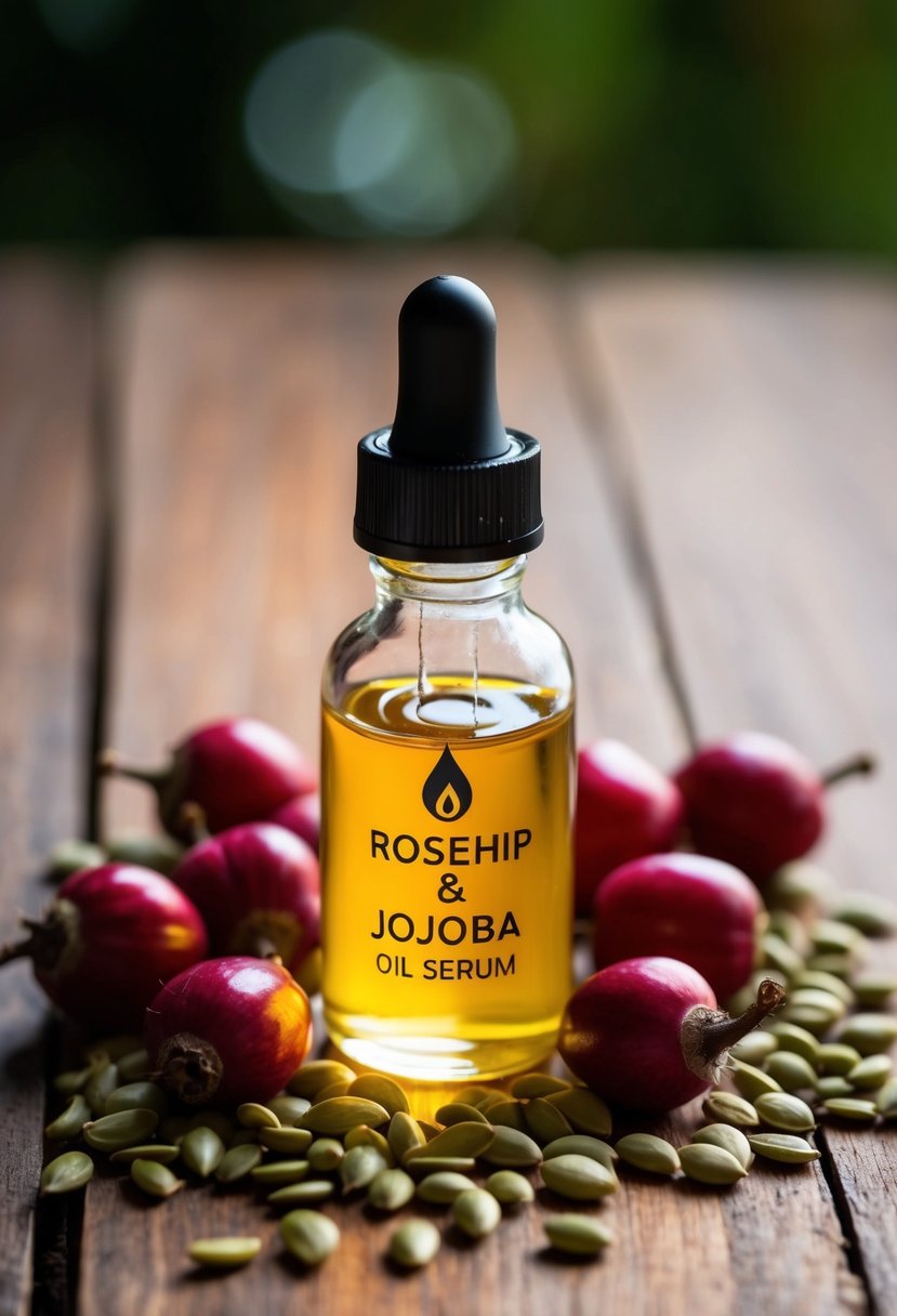 A small glass bottle filled with rosehip and jojoba oil serum, surrounded by fresh rosehips and jojoba seeds on a wooden surface