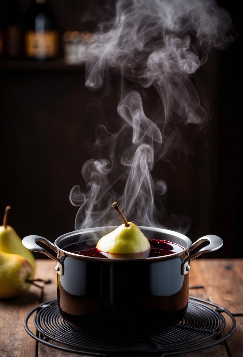 A pot simmering with red wine and pears, steam rising