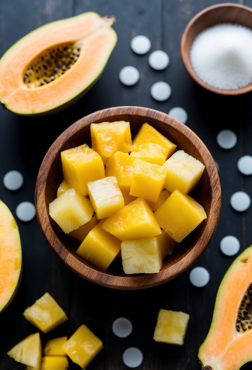 A wooden bowl filled with papaya and pineapple chunks, surrounded by scattered exfoliating ingredients like sugar and coconut oil