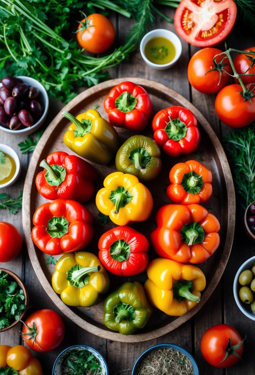 A colorful array of Mediterranean Stuffed Peppers arranged on a rustic wooden table, surrounded by fresh herbs, tomatoes, and olives