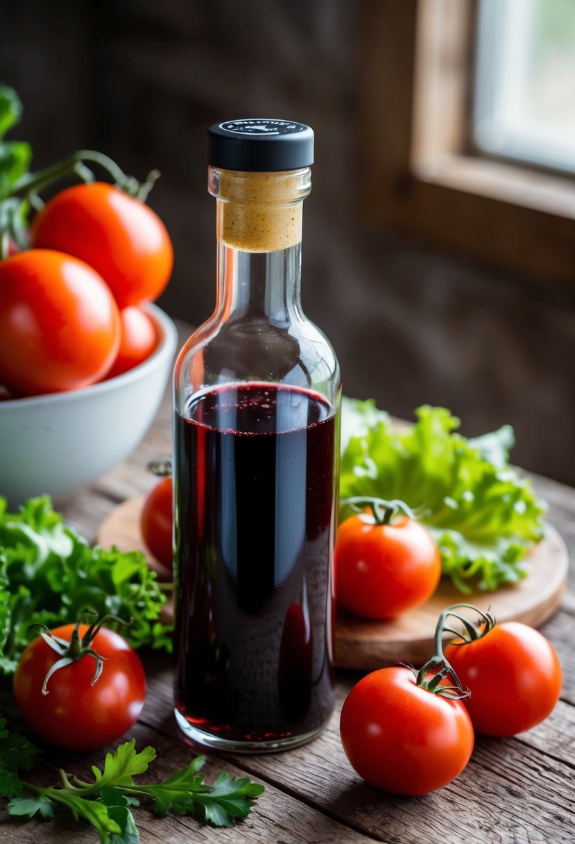 A glass bottle of red wine vinaigrette sits on a rustic wooden table, surrounded by fresh ingredients like tomatoes, lettuce, and herbs