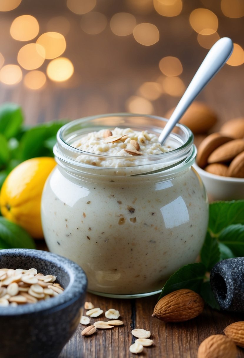 A jar of homemade oatmeal and almond moisturizer surrounded by fresh ingredients and a mortar and pestle