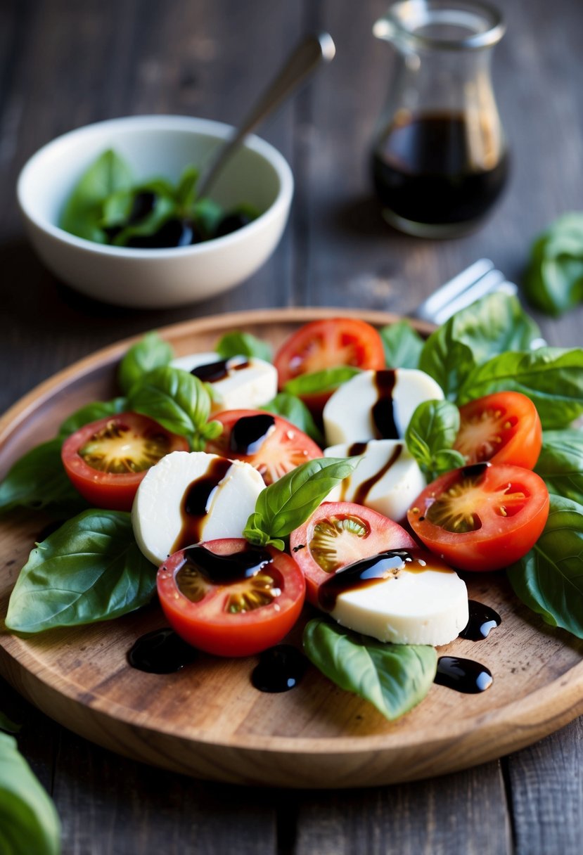 A vibrant Caprese salad with fresh tomatoes, mozzarella, basil leaves, and a drizzle of balsamic reduction on a rustic wooden platter