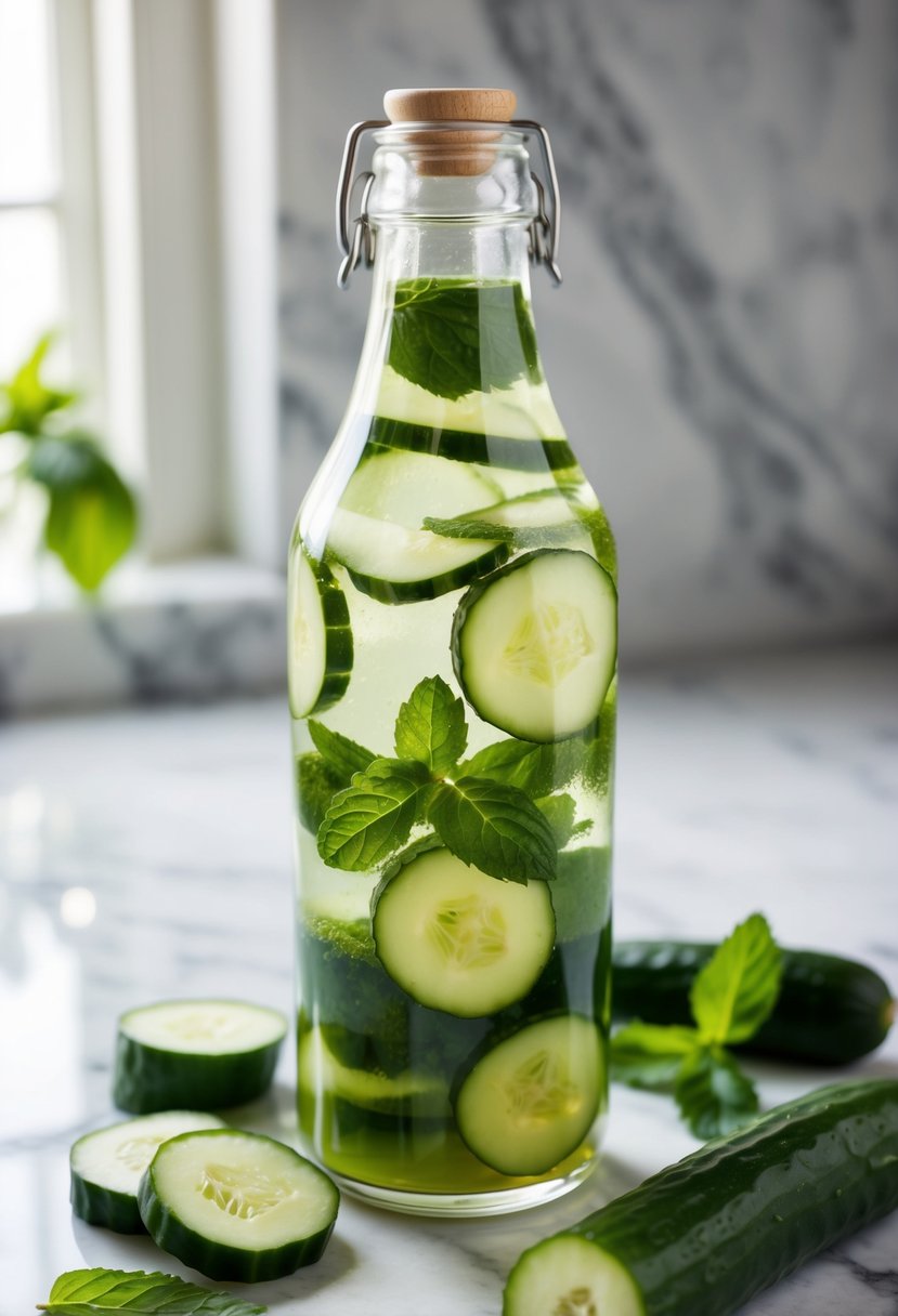 A glass bottle filled with cucumber and mint-infused liquid, surrounded by fresh cucumber slices and mint leaves on a marble countertop