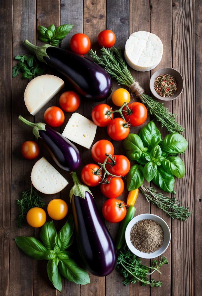 A colorful array of fresh eggplants, tomatoes, basil, and cheese arranged on a rustic wooden table, surrounded by Mediterranean herbs and spices