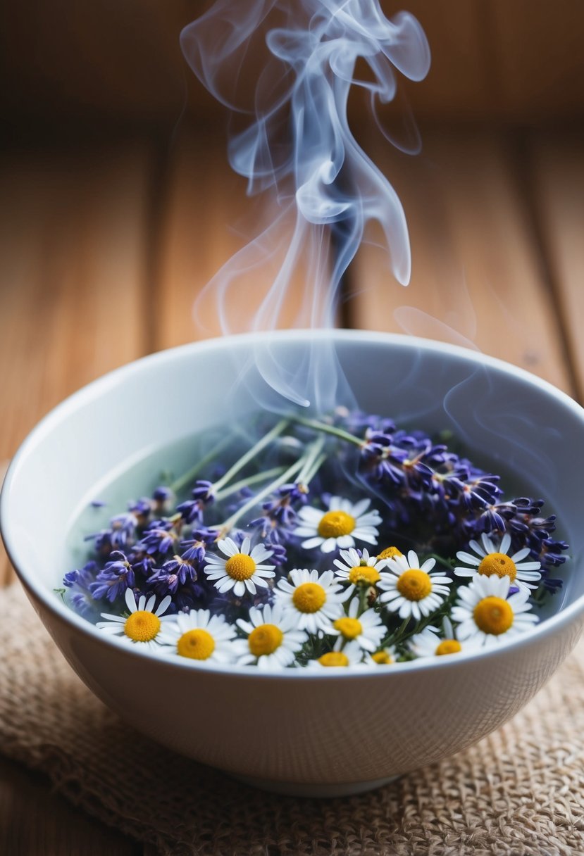 A bowl of steaming water with lavender and chamomile flowers, emitting a soothing aroma