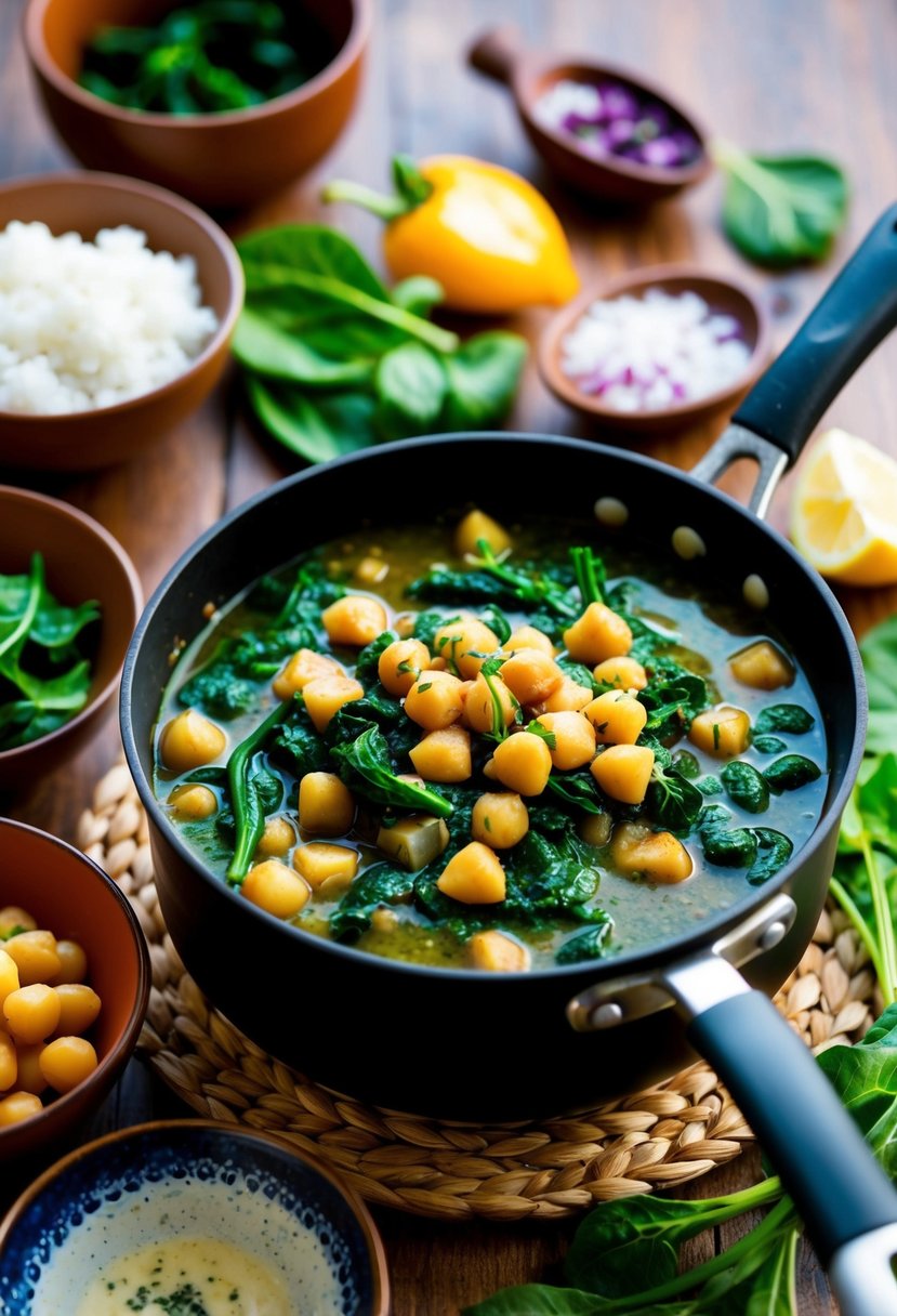 A simmering pot of chickpea and spinach stew surrounded by colorful Mediterranean ingredients