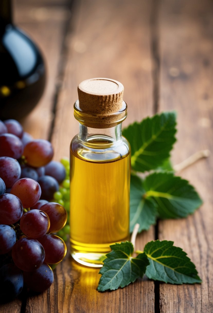 A small glass bottle filled with a golden oil blend sits on a wooden table, surrounded by fresh grapes and a sprig of green leaves