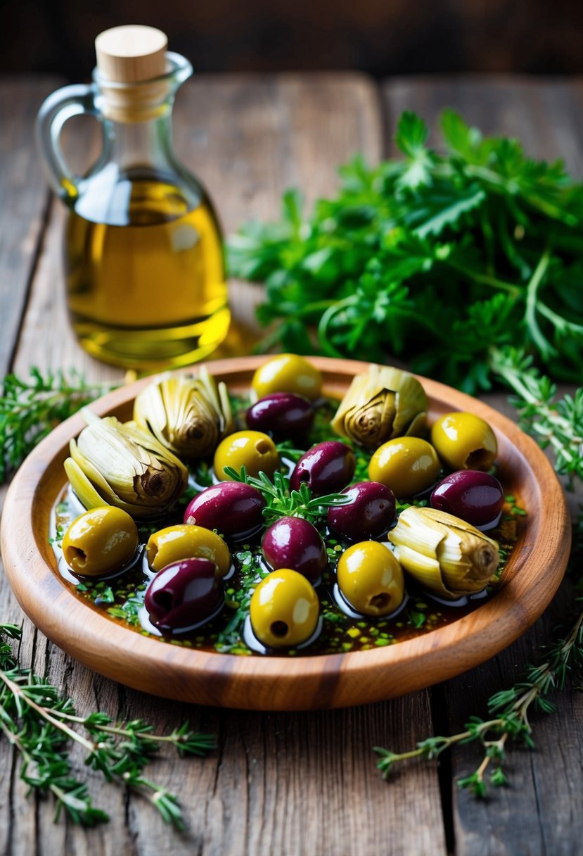 A rustic wooden table with a colorful array of marinated olives and artichokes, surrounded by fresh herbs and a bottle of olive oil