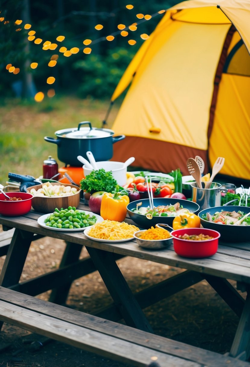 A campsite with a picnic table surrounded by a variety of pre-prepped ingredients and cooking utensils for making ahead camping recipes