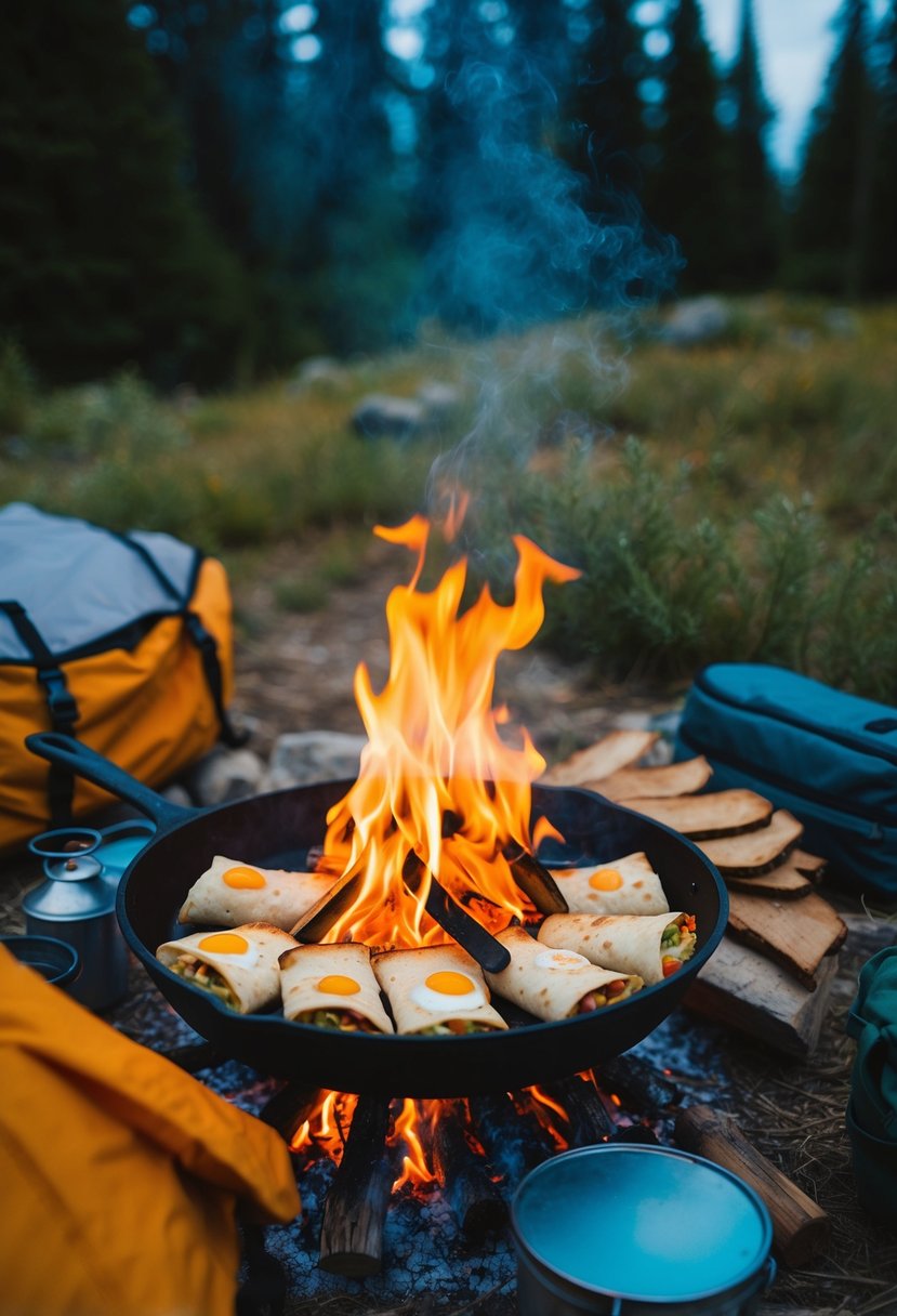 A campfire with a skillet cooking breakfast burritos, surrounded by camping gear and nature