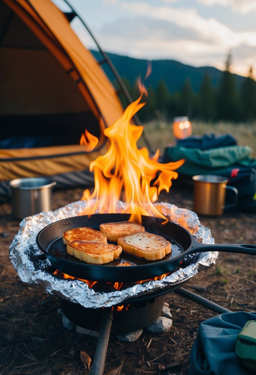 A campfire with a skillet cooking foil pack French toast, surrounded by a cozy camping setup with a tent and outdoor gear