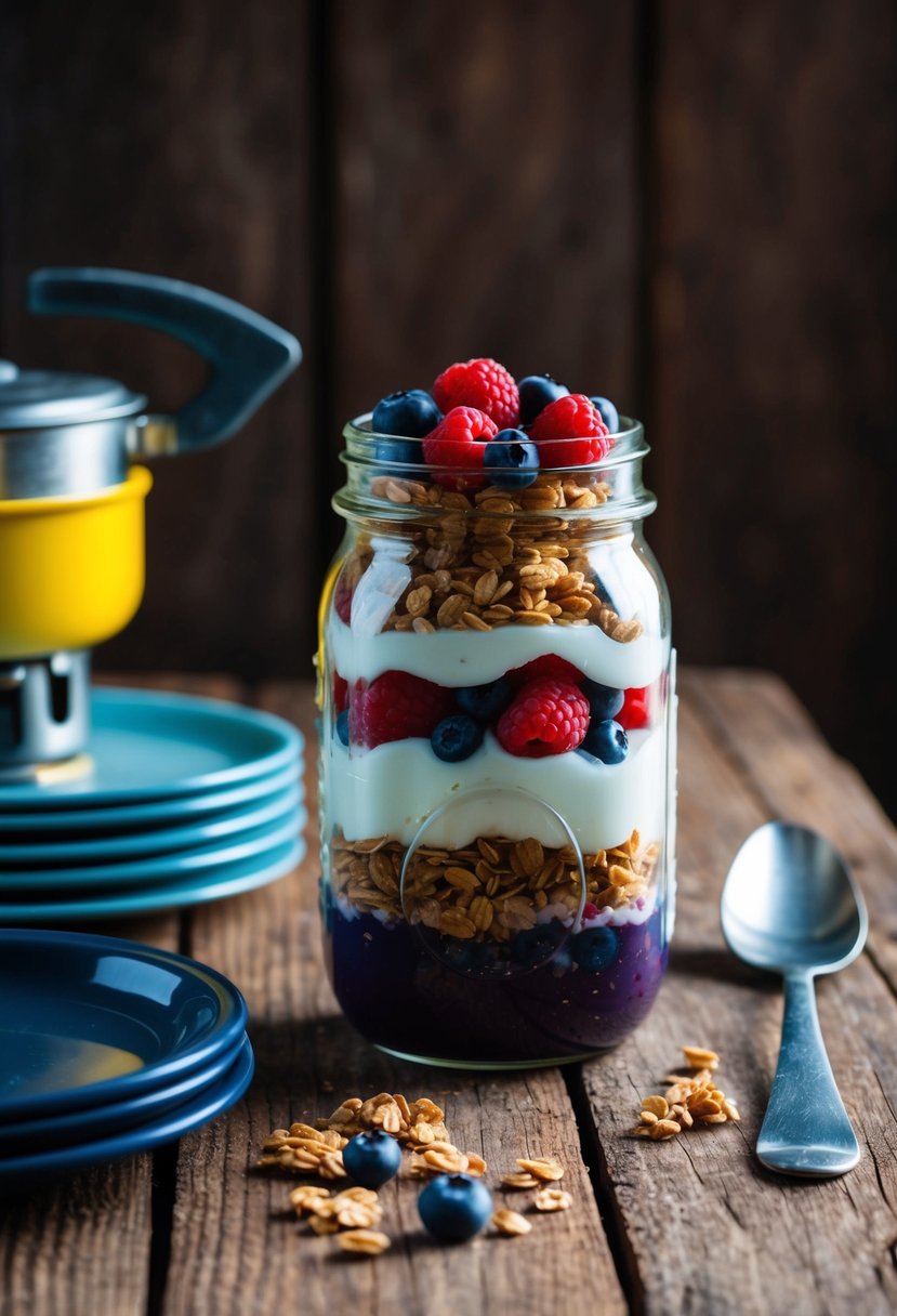 A mason jar filled with layers of granola, yogurt, and fresh berries sits on a rustic wooden table next to a camping stove and a stack of plates