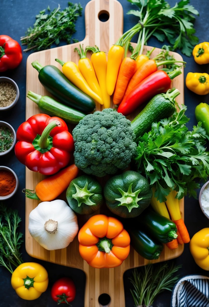 A colorful array of fresh vegetables arranged on a wooden cutting board, surrounded by herbs and spices