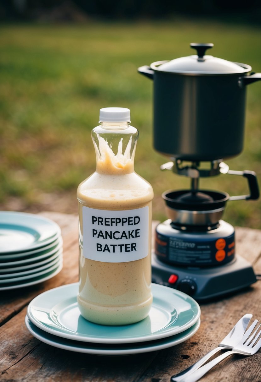 A clear plastic bottle filled with pancake batter, labeled "Prepped Pancake Batter," sits on a rustic camping table next to a stack of plates and a camping stove