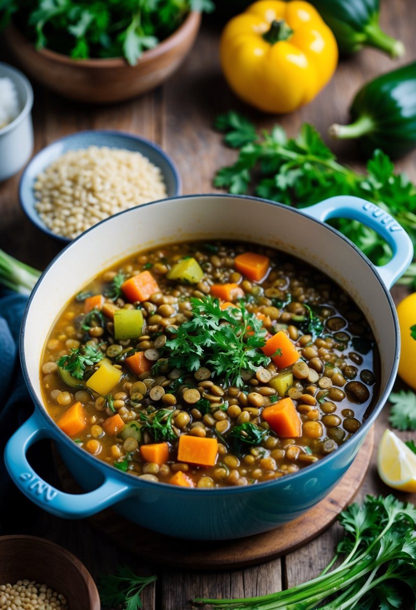 A rustic kitchen scene with a bubbling pot of lentil and vegetable stew, surrounded by fresh produce and herbs