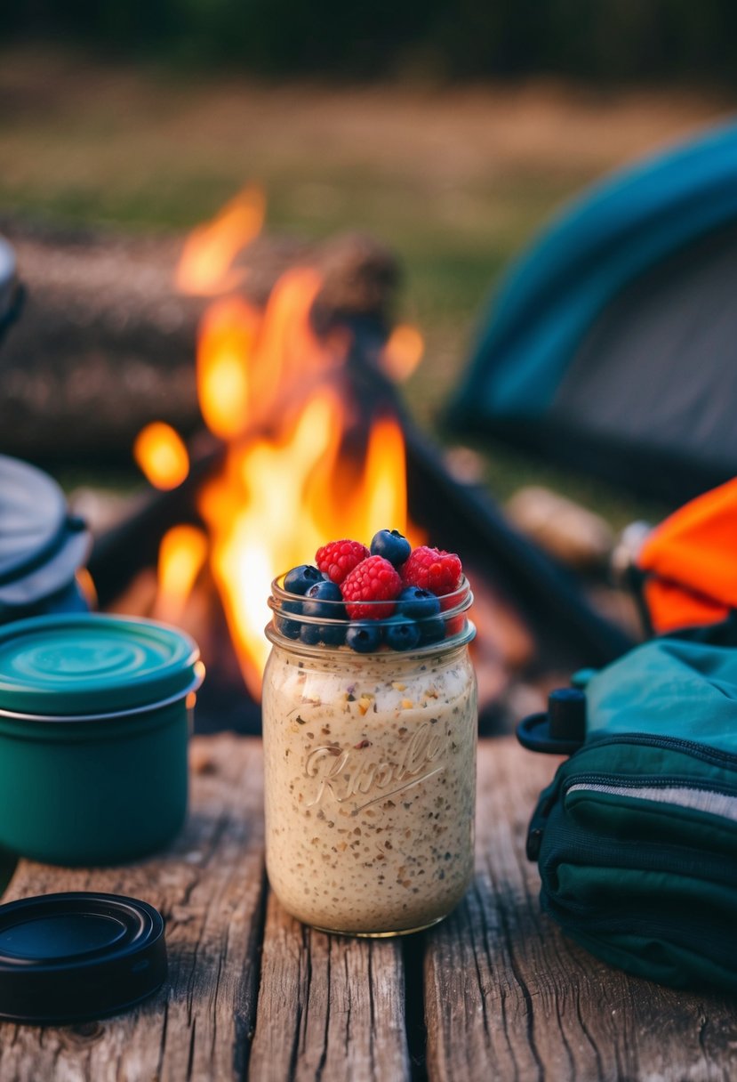 A rustic camping scene with a mason jar filled with overnight oats and topped with fresh berries, surrounded by camping gear and a cozy campfire