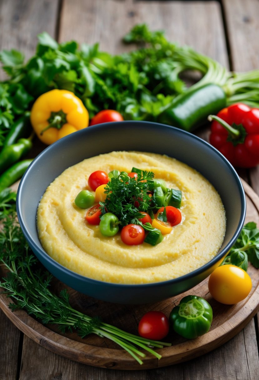 A rustic wooden table topped with a bowl of creamy polenta surrounded by vibrant, fresh vegetables and herbs