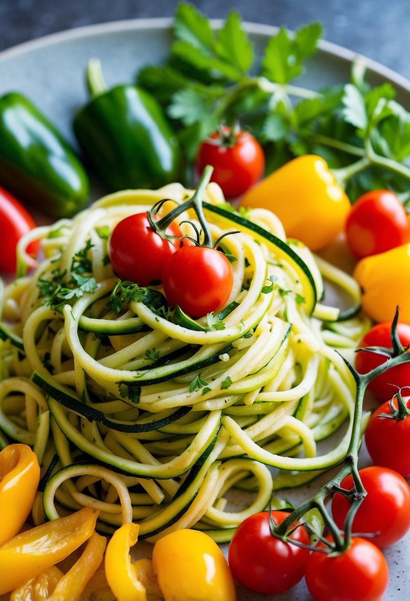 A colorful array of zucchini noodles, bell peppers, cherry tomatoes, and fresh herbs arranged on a plate