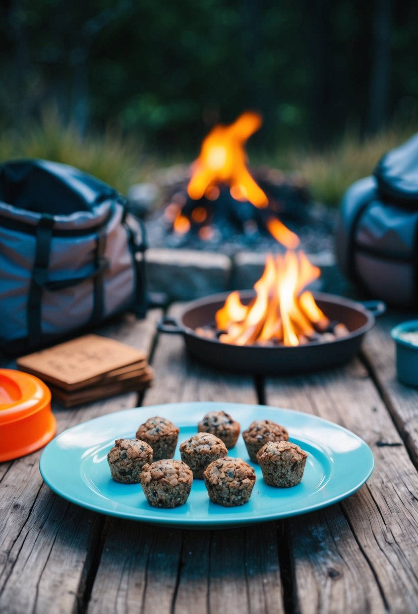 A rustic camping scene with a wooden table set with a plate of no-bake energy bites, surrounded by camping gear and a campfire in the background