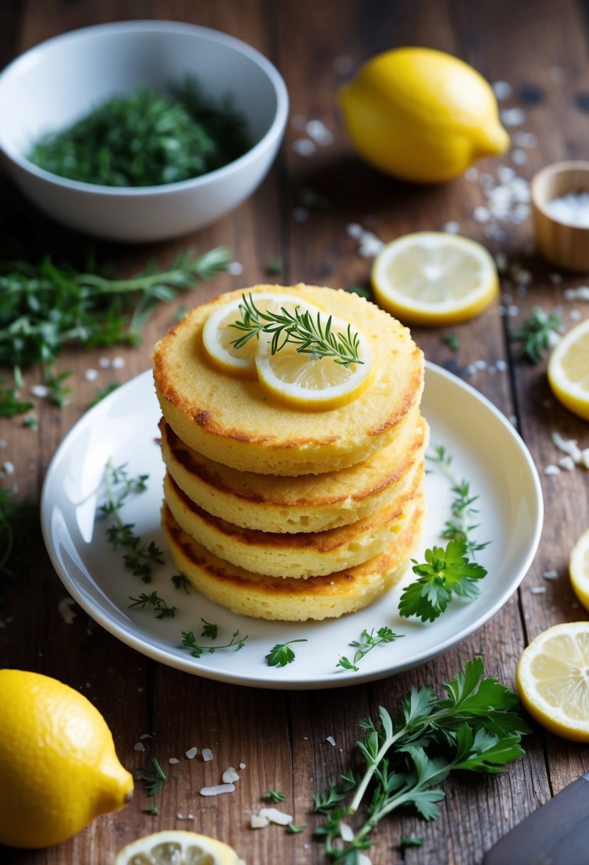 A wooden table with a plate of golden-brown polenta cakes topped with fresh herbs and lemon slices, surrounded by scattered ingredients