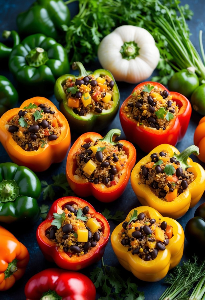 A colorful array of bell peppers stuffed with quinoa and black beans, surrounded by an assortment of fresh vegetables and herbs