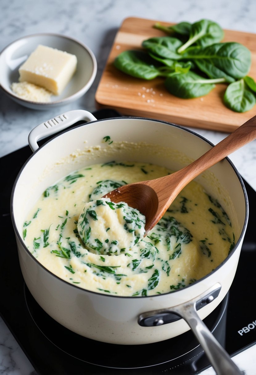 A wooden spoon stirring creamy spinach polenta in a pot on a stovetop. Spinach leaves and parmesan cheese on a nearby cutting board