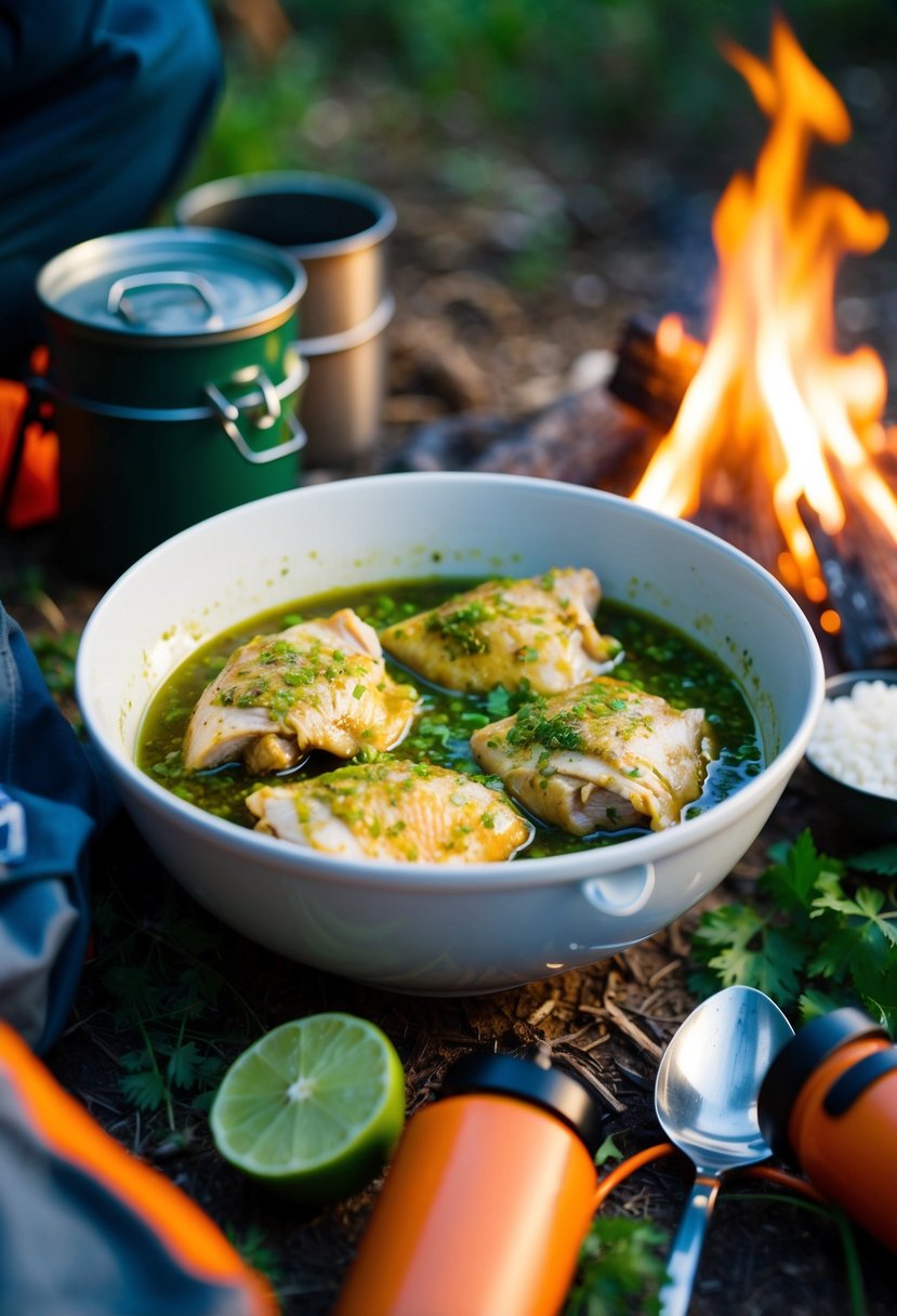 A bowl of marinating chicken thighs with chili lime marinade, surrounded by camping gear and a campfire