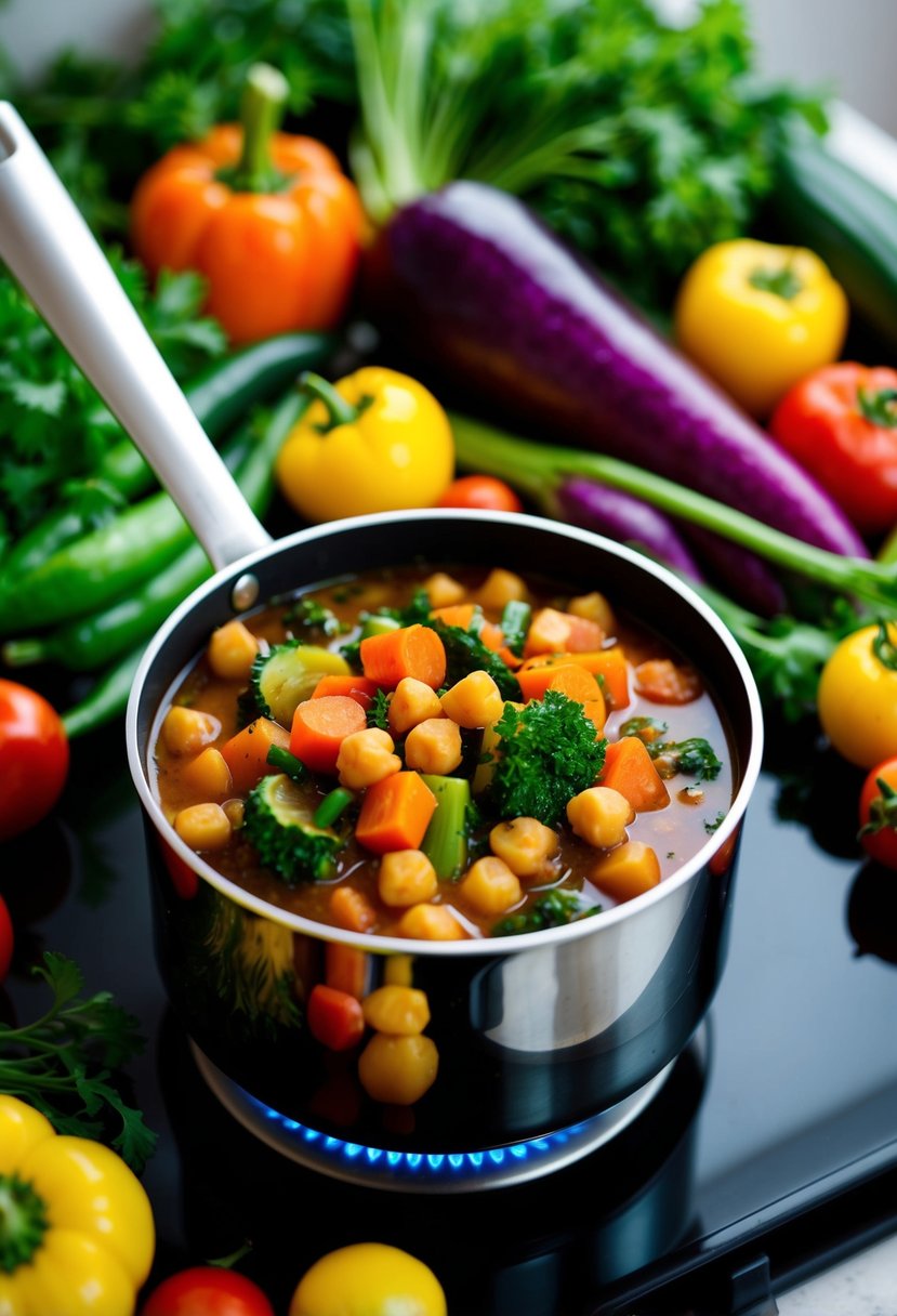 A steaming pot of hearty vegetable stew with chickpeas simmering on a stovetop, surrounded by an assortment of fresh, colorful vegetables